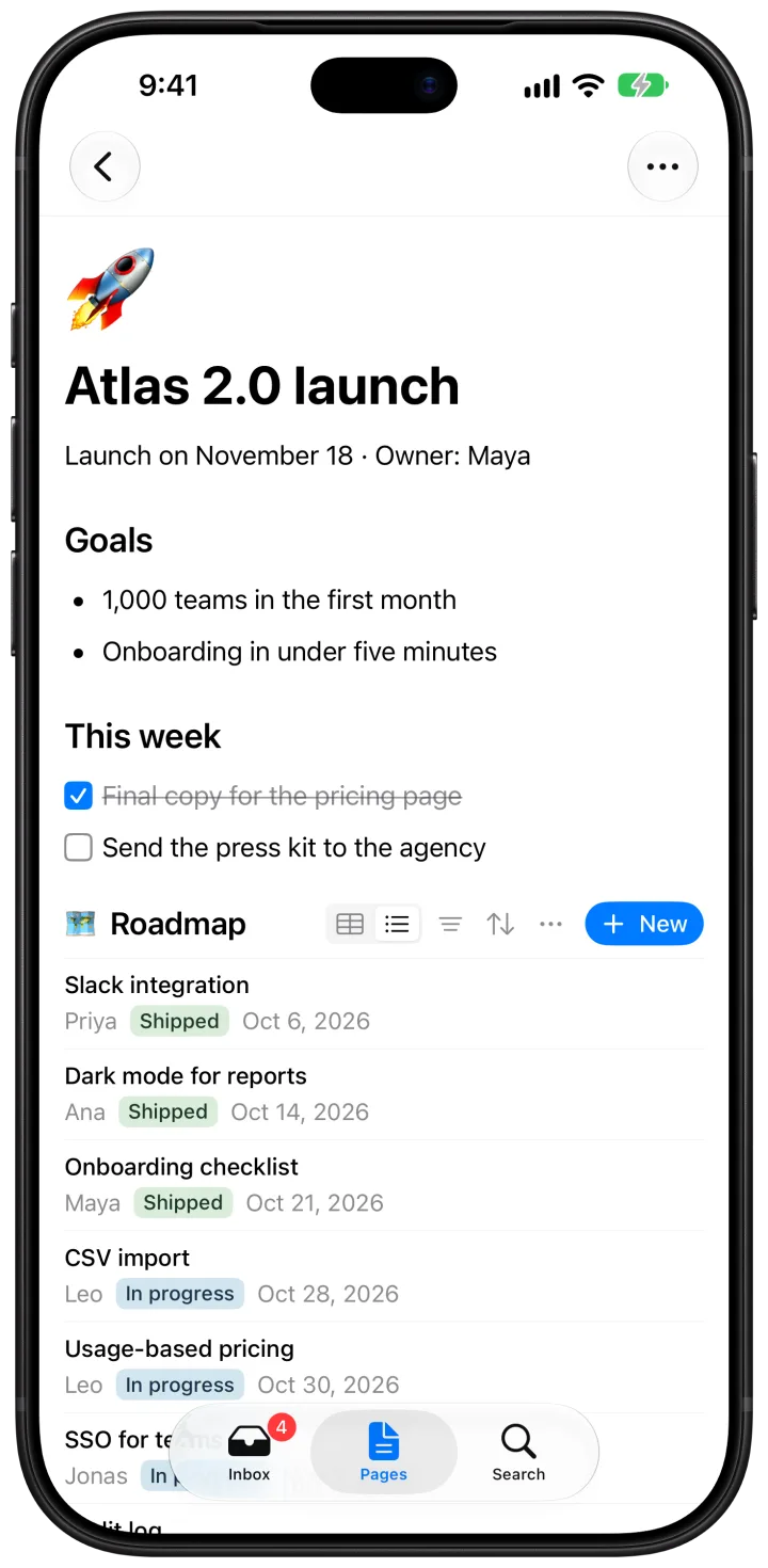 Mote on iPhone: the page “Atlas 2.0 launch” with goals, to-dos and the roadmap table
