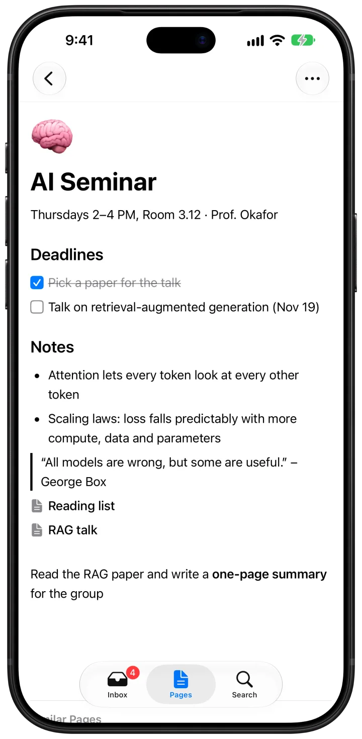 The page “AI Seminar” on iPhone with deadlines, notes, a quote and links to its subpages